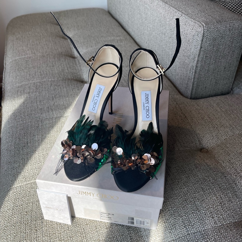 Brand new Jimmy Choo satin and feather/sequin heels!